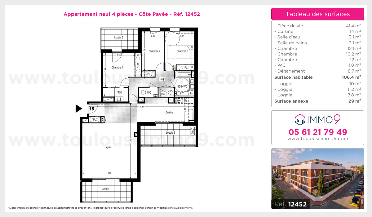 Plan et surfaces, Programme neuf Toulouse : Côte Pavée Référence n° 12452