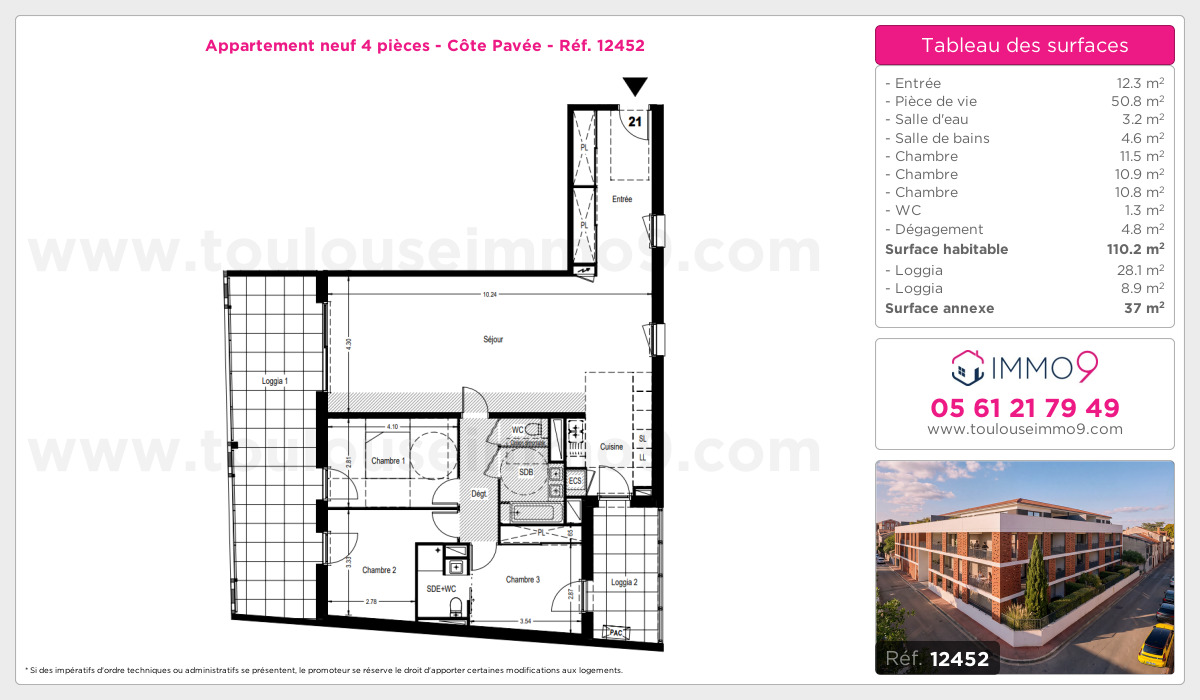 Plan et surfaces, Programme neuf Toulouse : Côte Pavée Référence n° 12452