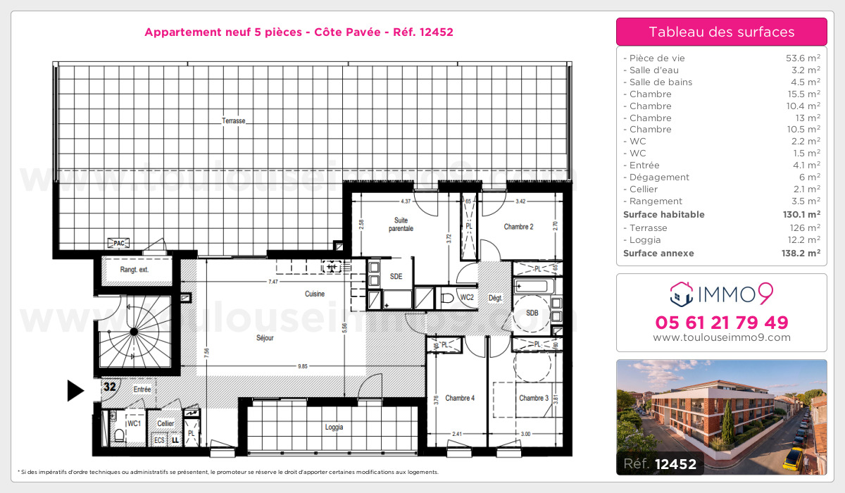 Plan et surfaces, Programme neuf Toulouse : Côte Pavée Référence n° 12452
