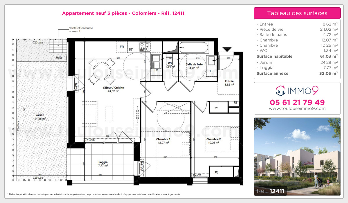 Plan et surfaces, Programme neuf Colomiers Référence n° 12411