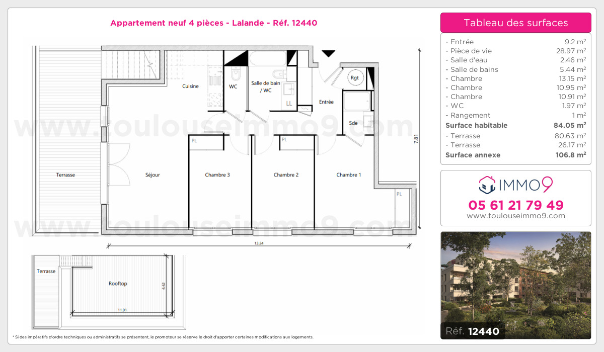 Plan et surfaces, Programme neuf Toulouse : Lalande Référence n° 12440
